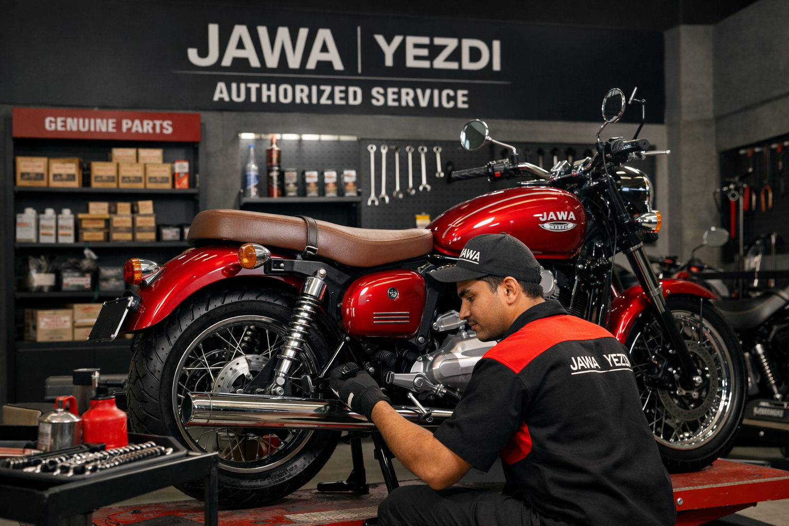 Jawa Yezdi motorcycle service at authorised centre with genuine parts and trained technician.