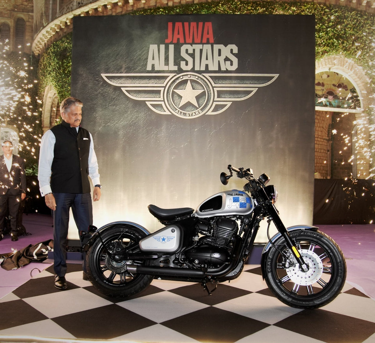 Jawa 42 Bobber All Stars Silver Knight edition inspired by Global Chess League with distinctive chequered graphics and custom styling